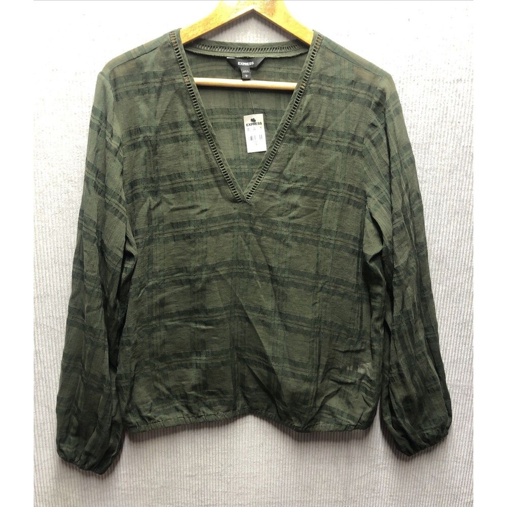 Express Top Size Large Green Check Solid Sheer Pattern V Neck NWT
